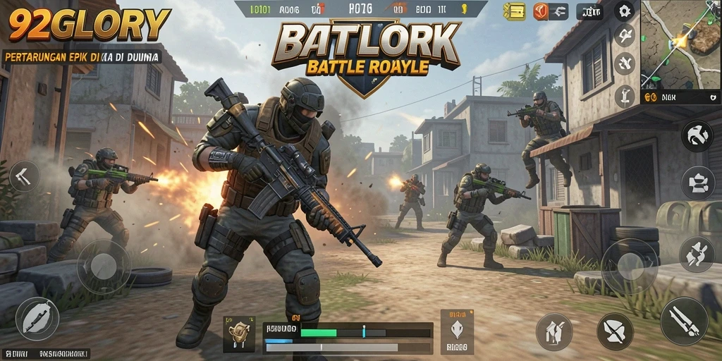Tangkapan layar gameplay 92GLORY yang menunjukkan aksi seru di medan tempur Battle Royale.