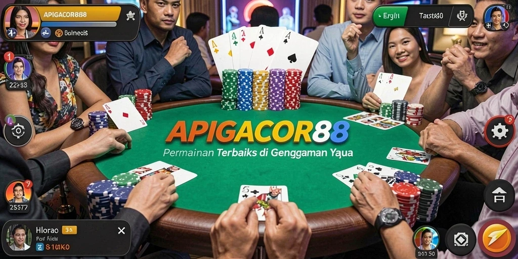 Screenshot APIGACOR88 menampilkan gameplay Poker yang penuh aksi.
