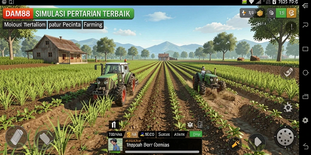 Screenshot gameplay menunjukkan petani mengelola ladang dengan beragam tanaman.