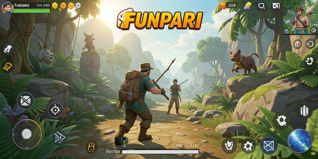 Screenshot gameplay FUNPARI menampilkan petualangan seru di dunia terbuka.