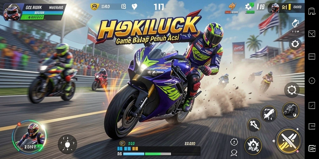 Tampilan gameplay HOKILUCK dengan aksi balap motor yang seru.
