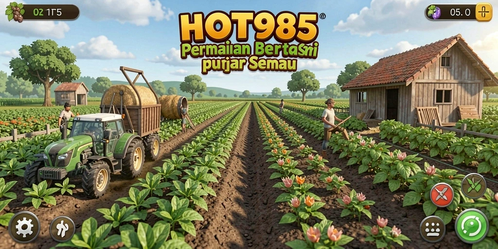 Tampilan gameplay HOT985 menampilkan aktivitas pertanian yang menarik dan penuh warna.