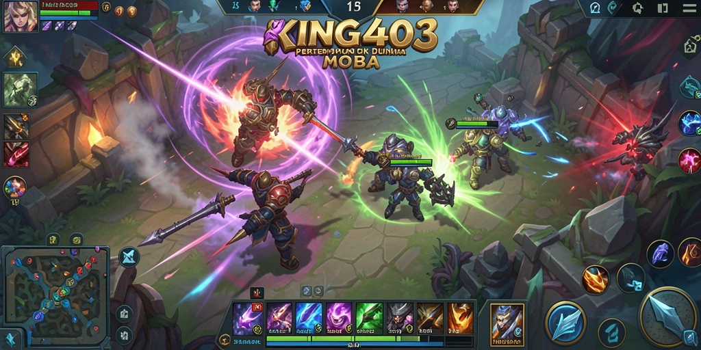 Screenshot KING403 menampilkan aksi gameplay seru dalam pertempuran MOBA.