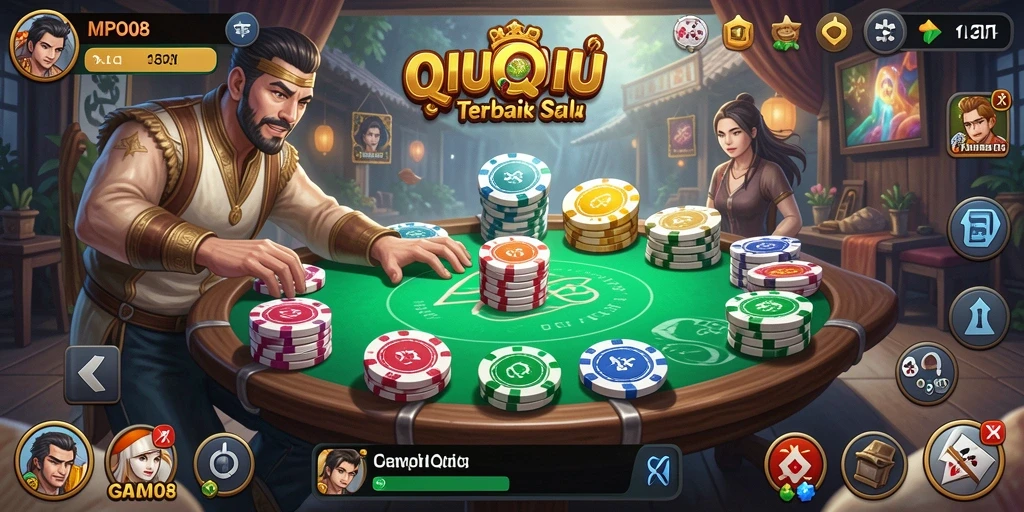 Tampilan menarik gameplay QiuQiu dengan kartu yang jelas.