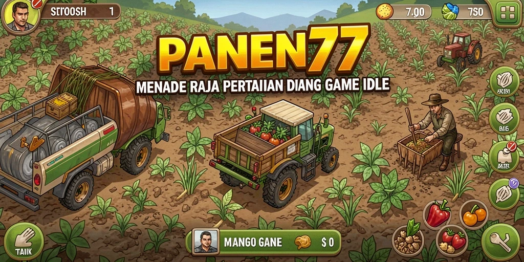 Screenshot gameplay PANEN77 menampilkan lahan pertanian yang subur dan beragam tanaman.