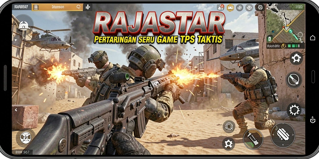 Tampilan aksi seru dalam permainan RAJASTAR yang menampilkan gameplay TPS.